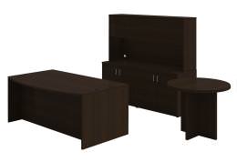 Bow Front Desk with Storage Credenza and Table - Amber Series