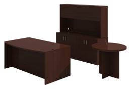 Bow Front Desk with Storage Credenza and Table - Amber
