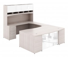 U Shaped Desk with Glass Modesty Panel and Hutch - Potenza Series
