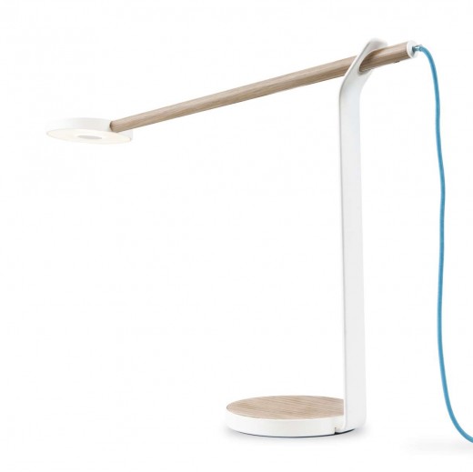 Gravy Desk Lamp w/Matte White Stand, White Oak and Blue Cord