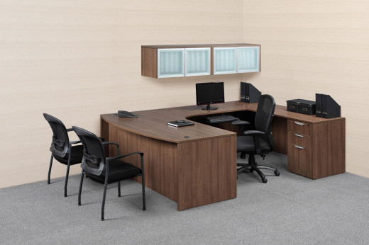 U Shaped Office Desk with Wall Mounted Storage
