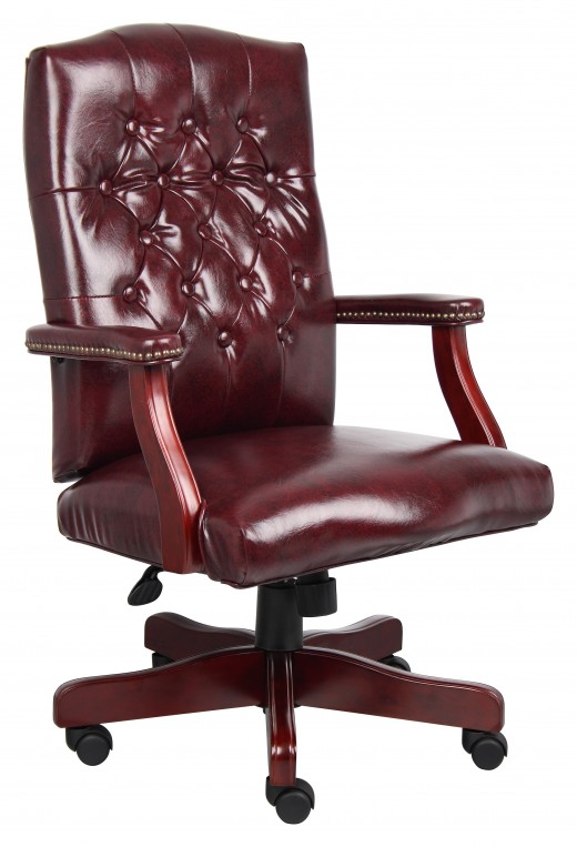 Classic Executive Oxblood Vinyl Chair With Mahogany Finish Frame