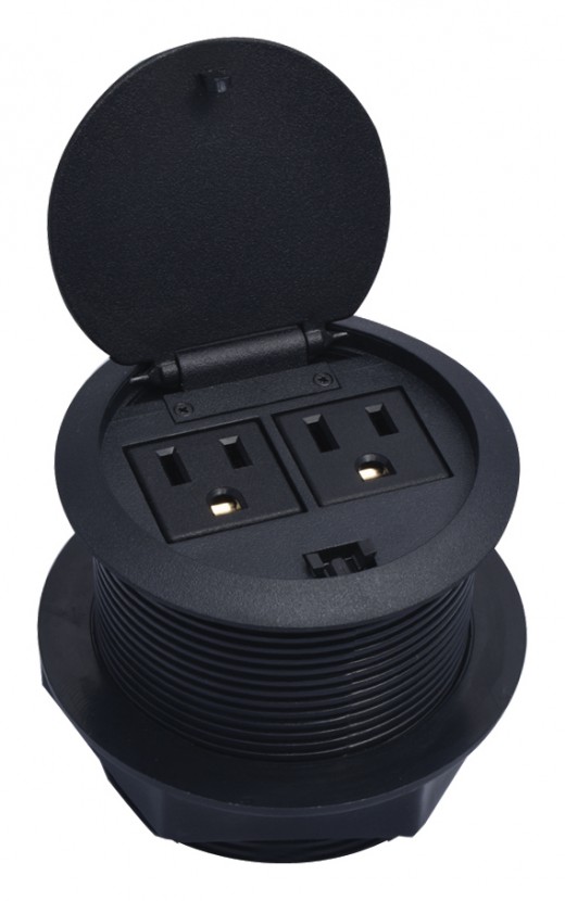 3 Grommet Power Dock, 2 AC Outlets, Flip Lid