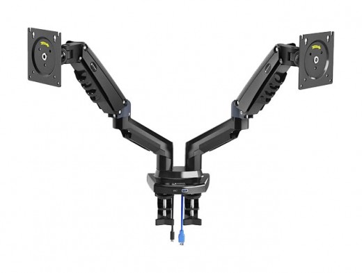 Dual Gas Spring Monitor Arms, USB, USBC, Clamp or Grommet Mount