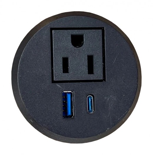 Black Desktop Power Grommet, 1 AC1, 1 USB, 1 USB-C - Fits Grommet Holes 2- 2.5 in Diameter