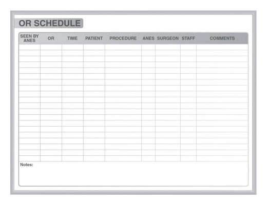 Healthcare OR Schedule Magnetic Whiteboard Aluminum Frame 3'x4'