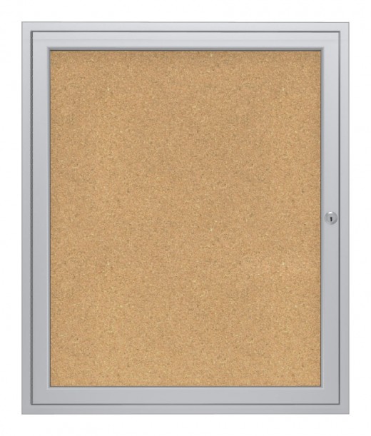 36x24   1-Door  Satin Aluminum Frame Enclosed Bulletin Board - Natural Cork