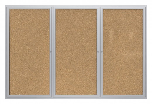 36x72   3-Door  Satin Aluminum Frame Enclosed Bulletin Board - Natural Cork