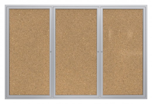 48x72   3-Door  Satin Aluminum Frame Enclosed Bulletin Board - Natural Cork