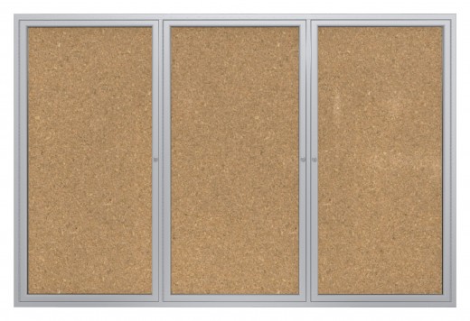 48x96   3-Door  Satin Aluminum Frame Enclosed Bulletin Board - Natural Cork