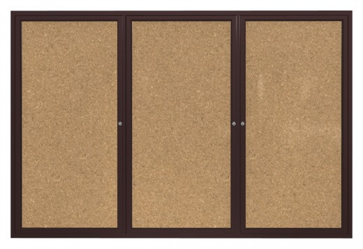 36x72   3-Door  Bronze Aluminum Frame Enclosed Bulletin Board - Natural Cork