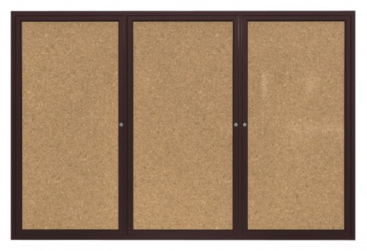 48x72   3-Door  Bronze Aluminum Frame Enclosed Bulletin Board - Natural Cork