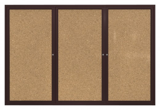 48x96   3-Door  Bronze Aluminum Frame Enclosed Bulletin Board - Natural Cork