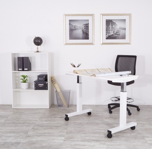 4 ft. Wide Pneumatic Height Adjustable Table with Locking Black Casters and Steel Frame/White Laminate Top