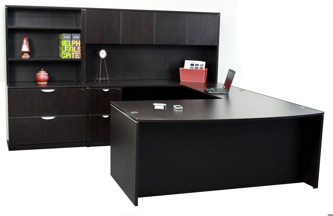 Dark Walnut U Shape Desk with Lateral Storage and Hutch