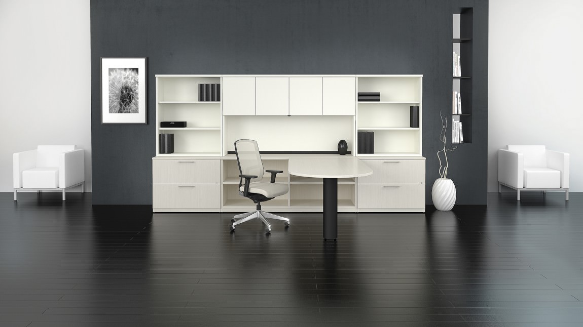 White Peninsula Desk With Hutch And Lateral Filing Cabinets